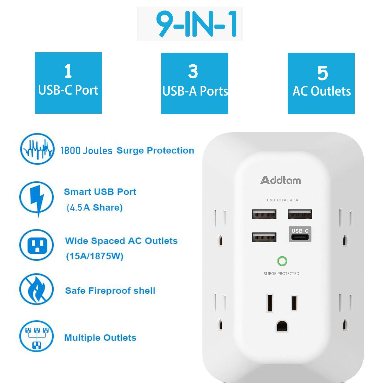 USB Wall Charger Surge Protector 5 Outlet Extender with 4 USB Charging Ports (1 USB C Outlet) 3 Sided 1800J Power Strip Multi Plug Outlets Wall Adapter Spaced for Home Travel Office ETL Listed