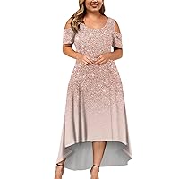 Midi Dresses for Women, Plus Size Dress Boho Dresses Womens Daily Round Neck Dress Short Sleeve Dressy Irregular Hem Casual Printed Ladies Fashion Summer Dress Teen Dresses (Light Pink,4X-Large)