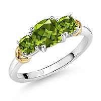 Gem Stone King 925 Sterling Silver and 10K Yellow Gold Green Peridot 3 Stone Engagement Ring For Women (1.51 Cttw, Cushion Cut 6MM and 4MM, Available In Size 5, 6, 7, 8, 9)