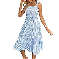 Women Casual Striped High Waist Beach Dress Hollow Sleeveless Suspender Pleated Dress Off-The-Shoulder Dress
