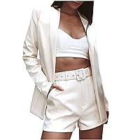 2 Piece Outfits Suits Set Long Sleeve Lapel Collar Pocket Blazer and Straight Shorts Business Suit Sets with Belt