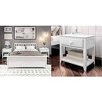 Solid Wood Queen Bed Frame with Headboard (White) and Nightstand