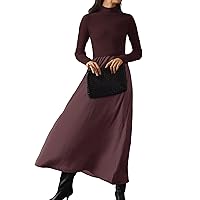 Women Long Sleeve Patchwork Long Sweater Dress Mock Neck Rib Knit Solid Pullover Tops Pleated Maxi Dresses Brown