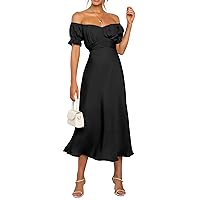 KIRUNDO Women's 2024 Summer Satin Midi Dress Off Shoulder Wrap Ruched Wedding Guest Party Cocktail Formal Prom Dresses