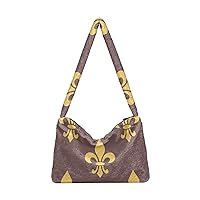 Ladies Soft Plush Underarm Bag Golden-fleur-de-lis Fluffy Shoulder Bag Women Furry Purse Handbag