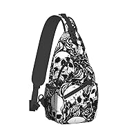 Black Floral Skull Print Trendy Casual Daypack Versatile Crossbody Backpack Shoulder Bag Fashionable Chest Bag