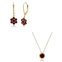 MAX + STONE 14k Yellow Gold Red Garnet Flower Dangle Earrings and Round Pendant Necklace Set for Women | Birtstone Earrings with Leverback | 7mm Gemstone Birthstone Pendant on 18 Inch Cable Chain