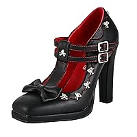 Women's Gothic T-Strap Mary Jane Block High Heel Pumps Closed Toe Buckle Strap Skull Decoration Shoes with Bow