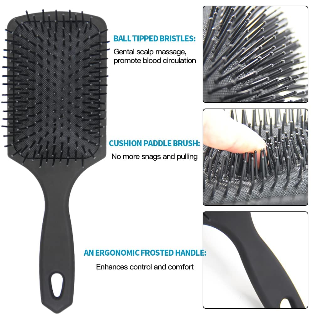 9PCS Hair Brush Set Round Brush and Paddle Hair Brush Great On Wet Long Thick Hair, Detangling Brush and Spray Bottle for Wavy Curly Hair, Meet Your Family's Daily Hair Care Needs Black