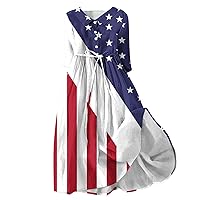 Funny Stars Stripes Henley Shirt Dress Women American Flag Plus Size Dress 3/4 Sleeve Lace-Up Patriotic Beach Dress