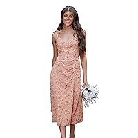 CUPSHE X Madison Women's Bouquet Floral Print Ruched Dress Tie Straps Side Slit Dress Pleated Long Formal Dress Midi Dress