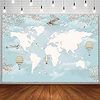 7x5ft A New Adventure Begins Travel Backdrop Baby Shower Party Decorations for Boy World Map Around World Adventure Awaits Airplane Birthday Bridal Shower Photography Background Photo Banner