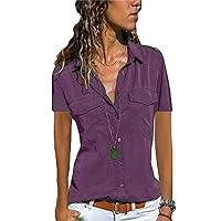 Andongnywell Summer Womens Button Down Shirts Short Sleeve Shirts V-Neck Collared Blouse Tops with Pockets