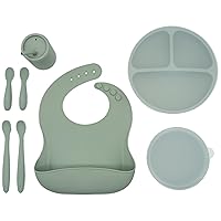 WeeSprout Baby Led Weaning Bundle, Silicone Suction Bowl, Spoons, Bib & Cup, Develops Self Feeding Skills, Dishwasher Safe (Green)