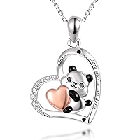 925 Sterling Silver Lovely Panda Bear Holding love Heart Pendant Necklace for Women Animal Jewelry Gift for Teen Girls Birthday Gift Mother's Day Gift