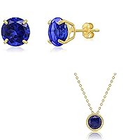 MAX + STONE 14k Gold Large Round Blue Sapphire Stud Earrings and Pendant Necklace | 9mm Birthstone Earrings and 7 mm Gemstone on 18 Inch Cable Chain Spring Ring Clasp Bezel Set Necklace for Women