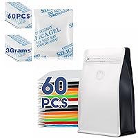 60pcs 8oz 1/2 lb White+Black Coffee Bags with Valve+60 Packs 3 Grams Silica Gel Packs Desiccant Packets for Storage, Transparent Desiccant