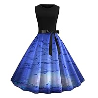 Neon Dress,Women's Round Neck Sleeveless Printed Vintage Swing Dress Cocktail Prom Cotton House Dresses for WOM