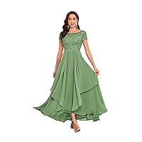 Tea Length Mother of The Bride Dresses for Wedding with Ruffle Lace Short Sleeve Chiffon Formal Evening Gown