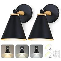 Battery Operated Wall Sconce Set of 2, Wooden Black Wireless Wall Sconce with Remote Control, Auto Timer, Adjustable Angle Wall Light for Living Room, Bedroom, Hallway