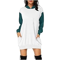 Womens Long Sleeve Hooded Sweatshirt Dress Casual Colorblock Long Hoodies Mid Length Pullover Tunic Top with Pocket