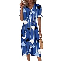 Sun Dresses for Women Casual Summer Dresses for Women, 2024 Spring Summer Fashion Side Button Floral Dress, Short Sleeve V Neck Splice Dresses Royal Blue XX-Large