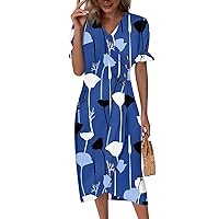 Women's 2024 Summer Casual Elegant Short Sleeve Crew Neck Smocked Flowy Ruched Hawaiian Maxi Dress