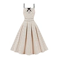 Bow Front High Waist Pleated Dress Summer Vacation Women Spaghetti Strap Fit and Flare Vintage Polka Dot Dresses