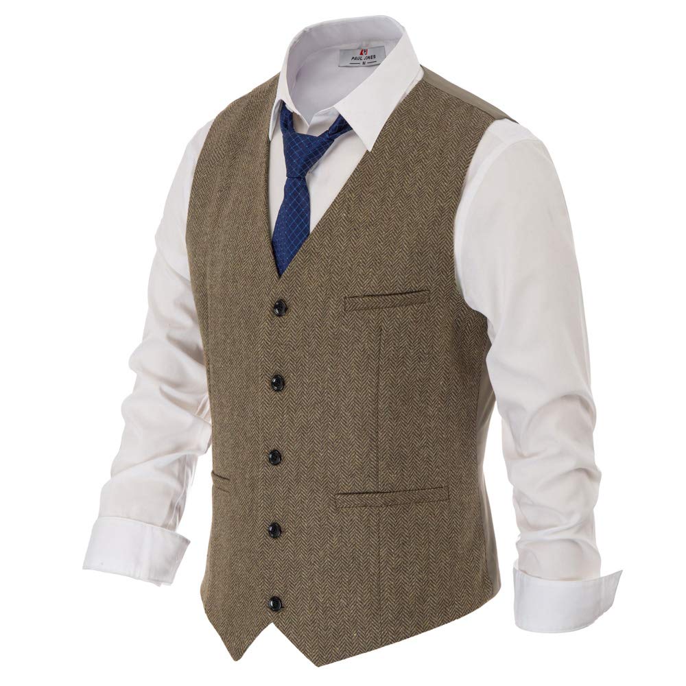 PJ PAUL JONES Men's Western Herringbone Tweed Suit Vest Wool Blend V Neck Slim Fit Waistcoat