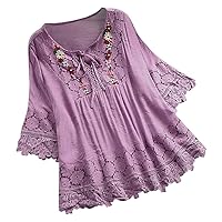 Plus Size Tops for Women Vintage Lace Patchwork Bow T Shirt Solid Color V-Neck T-Shirts Blouse Three Quarter Blouses Top Tee
