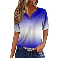 Short Sleeve Tops for Women Button Down V-Neck Dreamy Gradient Color Shirts Summer Going Out Casual Blouse