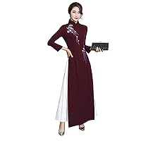 Chinese Style Women's Birthday Party Collar Floral Long Cheongsam Dress Retro Gown Qipao
