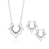 Jewelry Sterling Silver Bohemian Flower Hoop Earring & Necklace Set