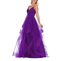 Women's V-Neck Long Glitter Tulle Spaghetti Prom Ball Gowns 6 Purple