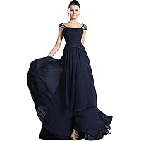 Navy Blue Chiffon Beaded Embellished Prom Dress With Open Back