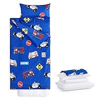 Nap Mat Cover with Pillow Blanket Mat Inserts, for Toddler Kids Boys Girls in Daycare Preschool Kindergarten, Police Cars Rescue Vehicles on Blue, Standard Size