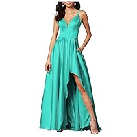 Satin High Low Bridesmaid Dress for Women Spaghetti Strap V Neck Formal Gown A Line Prom Dress BS09