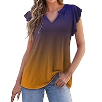 Womens Summer Outfits Ruched Tops for 2024 Summer Women Solid Color Fashion Sexy Elegant Loose with Short Sleeve V Neck Flowy Blouses Orange X-Large