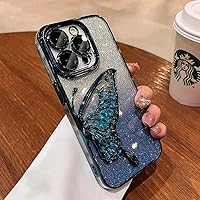 Sparkling Butterfly Quicksand Case for iPhone 15 14 13 12 11 Pro Max Electroplate Glitter Bling & Transparent Cute Camera Protector Pretty & Shiny Cover (Blue,for iPhone 14 Pro Max)