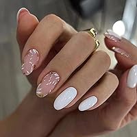 24Pcs Press on Nails Medium Oval Fake Nails Glossy Acrylic Nails with Flower Designs Full Cover Glue on Nails White Solid Color False Nails Daily Wear Reusable Manicure Decorations for Women