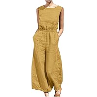 Sleeveless Wide Leg Jumpsuit for Women Casual Linen Romper Long Pants Loose Fit Summer Outfits Rompers with Pocket
