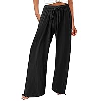 Linen Pants Women Comfy Flowy Wide Leg Pants Trousers Summer High Waisted Beach Palazzo Pants with Pockets 2024
