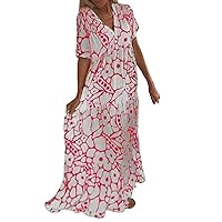 Women Casual Short Sleeve Print V Neck Maxi Loose Dress Boho Beach Long Sundress Long Sleeve Summer Dresses