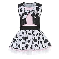 iiniim Kids Western Cowgirl Costume Halloween Cosplay Party Cow Print Dress with Vest Outfits