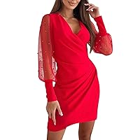 Women's Solid Color Fashion Casual V Neck Mesh Sleeves Waist Wrap Dress and Evening Gown