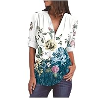 Fall Tops for Women Casual Dressy Floral Printed Rolled Up Long Sleeve Zipper V Neck T Shirts Loose Plus Size Blouses
