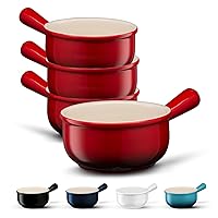 French Onion Soup Bowls, by Kook, French Onion Soup Crocks, Soup Bowl with Handles, 15 oz, Set of 4, Ceramic Bowls, Microwave, Dishwasher Safe & Oven safe, Stoneware,(Red Ombre)