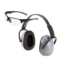 Passive Earmuff and Shooting Safety Glasses Eye and Ear Protection Combo Set, Glasses: ANSI Z87.1+ Impact Resistance, With Padded Nose / Muffs: NRR 23DB, Adjustable Sizing, Clear and Gray