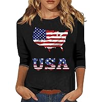 Oversize Casual 3/4 Sleeve Tops for Women USA Printed Flag Day 2024 Trendy 4th of July Shirts Tees Blouse