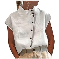 Women's Button Down Shirts Casual Solid Color Cotton Linen Standing Collar Short Sleeved Shirt Basic Shirts, S-2XL